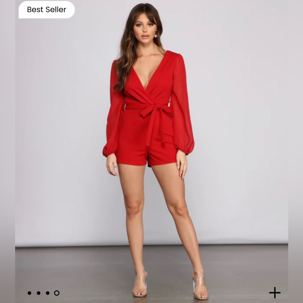 Red Perfectly Poised Plunging Chiffon Romper - Windsor